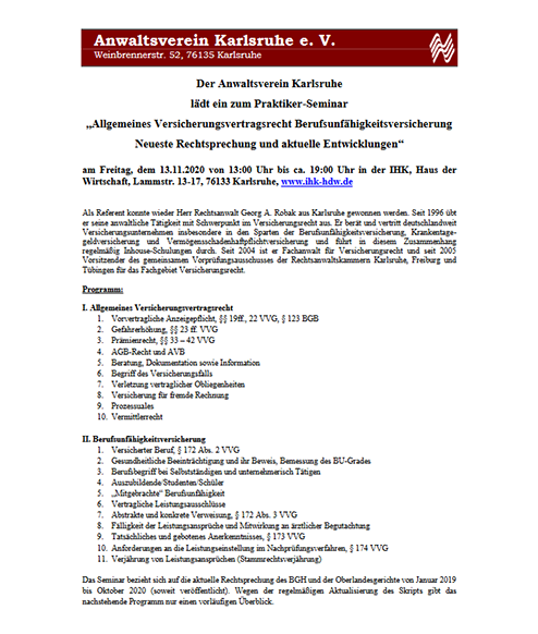 Versicherungsrechtliches Praktiker-Seminar am 13.11.2020